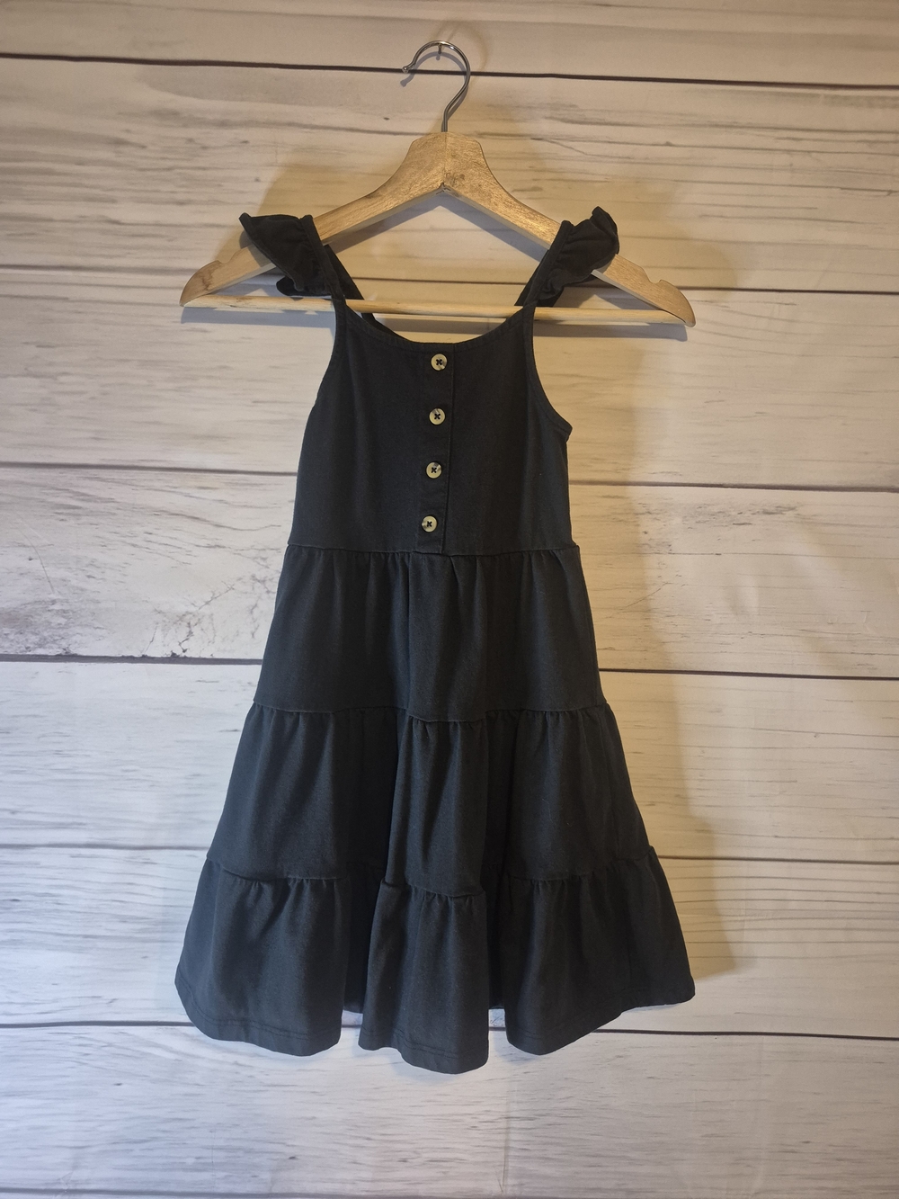 fabkids Black Tiered Ruffle-Shoulder Dress with Buttons